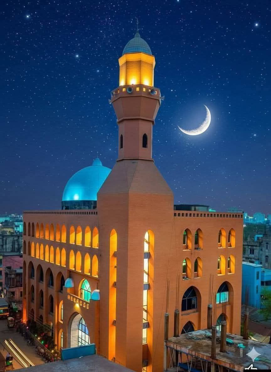 The illuminated minaret of Jamia Islamia Yunusia, Brahmanbaria, beneath a crescent moon